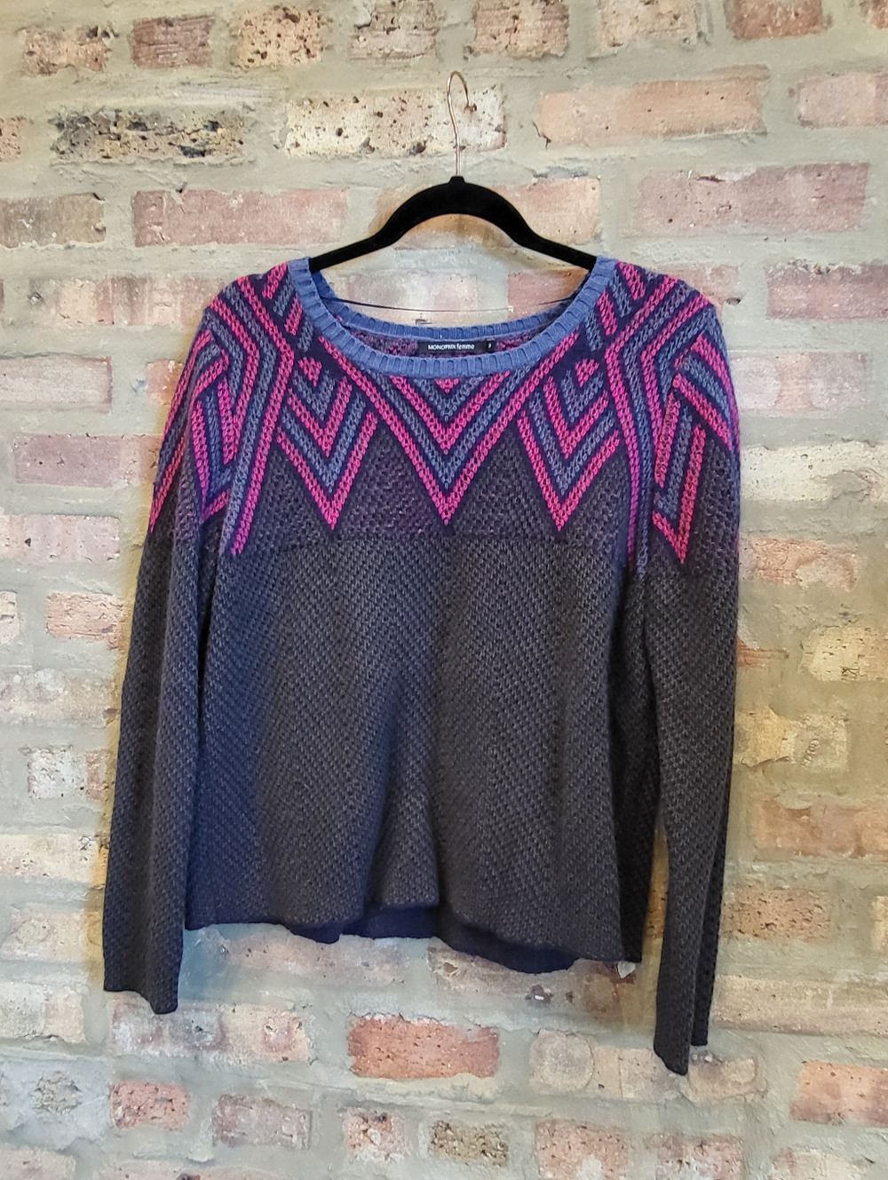 Monoprix Patterned Crewneck Sweater - Gray Green with Pink Accent